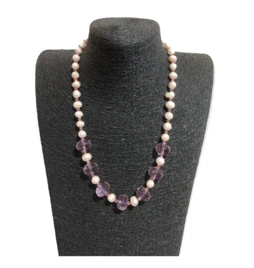 Handmade Freshwater Pearl & Rose Quartz Necklace – Natural Gemstones with Italian 925 Silver Closure