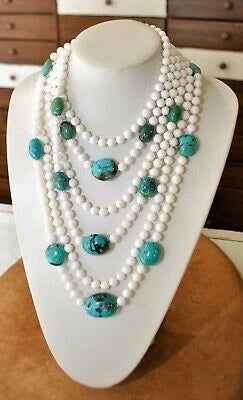 Handmade White Agate & Turquoise Necklace – Multi-Layer 925 Silver Closure, Natural Stones