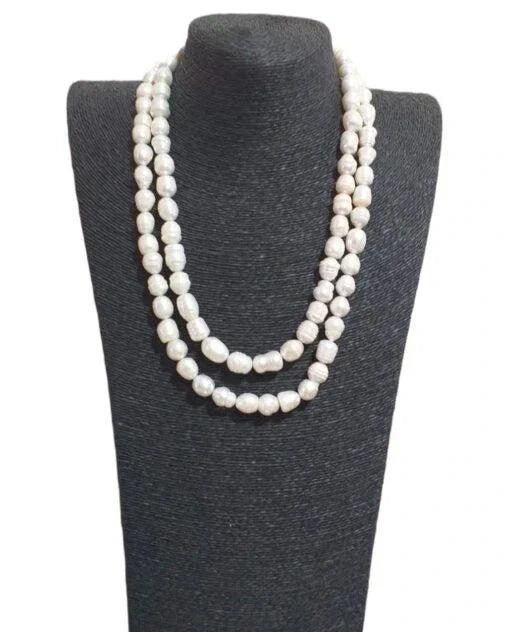 Handmade Two-Strand Freshwater Pearl Necklace – Natural Gemstones with Italian 925 Silver Closure